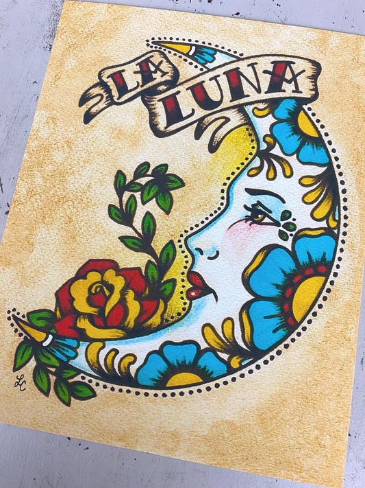 Traditional Tattoo Moon Art "La Luna" Loteria Art Print