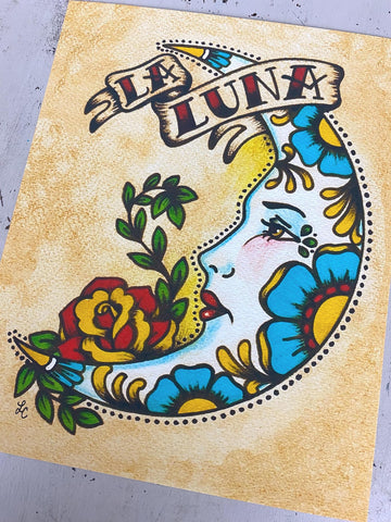 Traditional Tattoo Moon Art "La Luna" Loteria Art Print