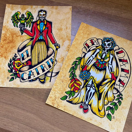 Day of the Dead Couple Art Prints Loteria "La Dama" and "El Catrin" Set