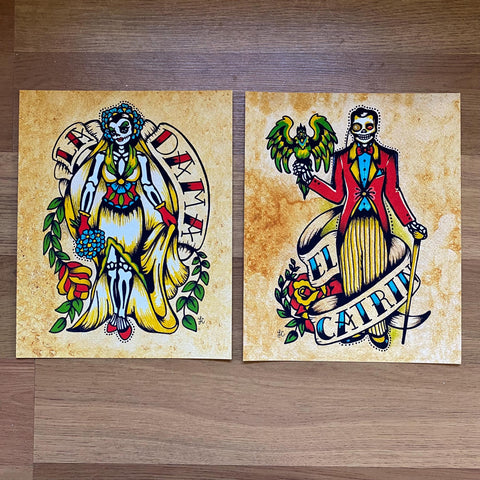 Day of the Dead Couple Art Prints Loteria "La Dama" and "El Catrin" Set
