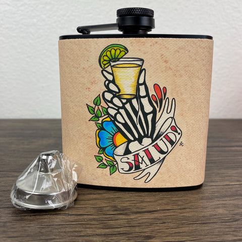 Tequila Flask Day of the Dead Skeleton Hand “Salud!” Mexican Folk Art 6 Oz, Black, Stainless Steel with Funnel