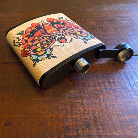 Death Moth Flask Traditional Tattoo Art 6 Oz, Black, Stainless Steel with Funnel