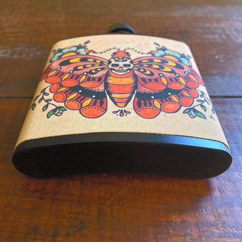 Death Moth Flask Traditional Tattoo Art 6 Oz, Black, Stainless Steel with Funnel