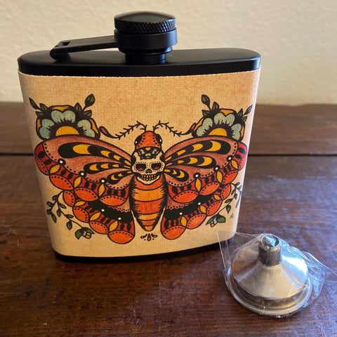 Death Moth Flask Traditional Tattoo Art 6 Oz, Black, Stainless Steel with Funnel