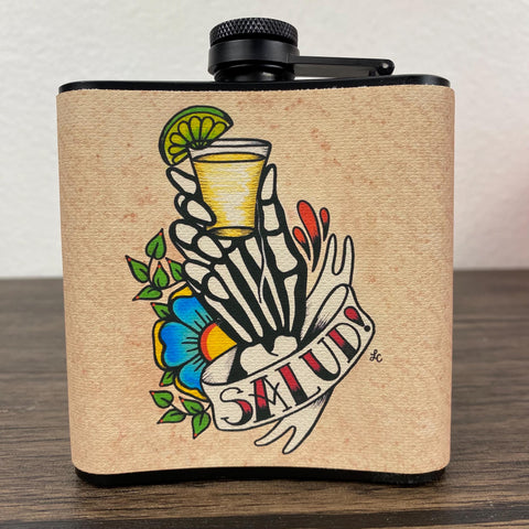 Tequila Flask Day of the Dead Skeleton Hand “Salud!” Mexican Folk Art 6 Oz, Black, Stainless Steel with Funnel