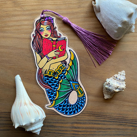 Traditional Tattoo Mermaid Reading Bookmark - Choose Your Tassel Color