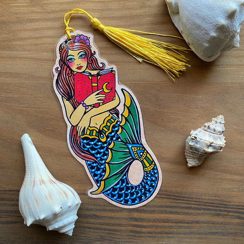 Traditional Tattoo Mermaid Reading Bookmark - Choose Your Tassel Color