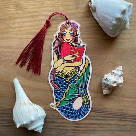Traditional Tattoo Mermaid Reading Bookmark - Choose Your Tassel Color