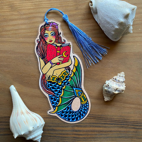 Traditional Tattoo Mermaid Reading Bookmark - Choose Your Tassel Color