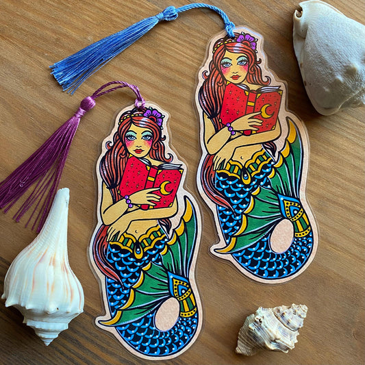 Traditional Tattoo Mermaid Reading Bookmark - Choose Your Tassel Color