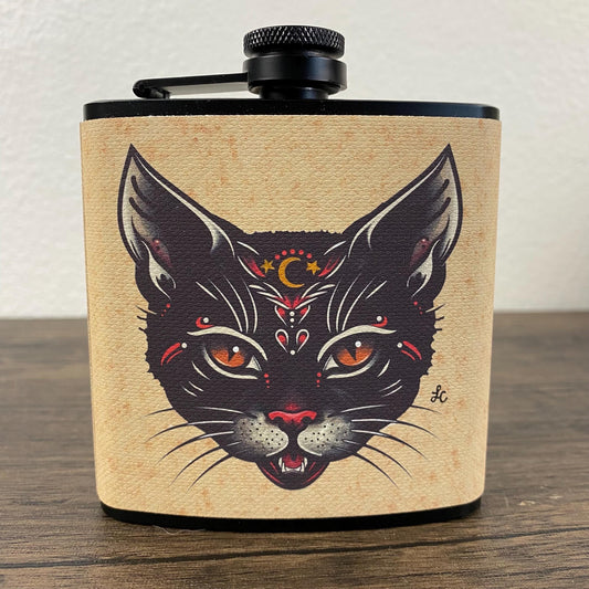 Black Cat Tattoo Flask 6 Oz, Black, Stainless Steel Flask with Funnel