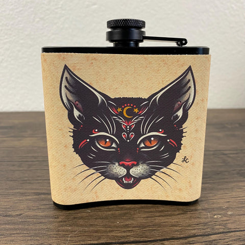 Black Cat Tattoo Flask 6 Oz, Black, Stainless Steel Flask with Funnel