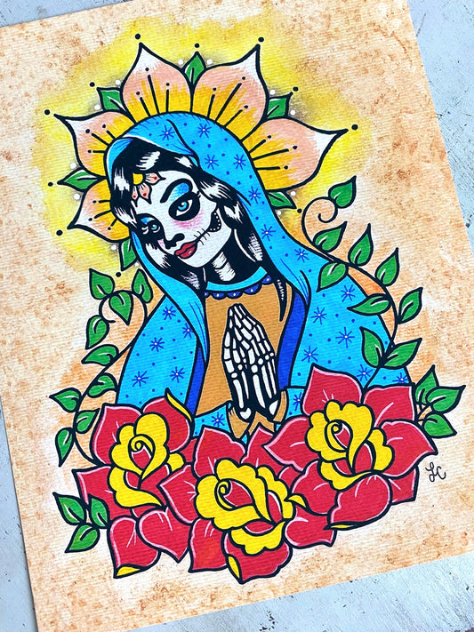 Day of the Dead Virgin Mary with Flowers Traditional Tattoo Art Print