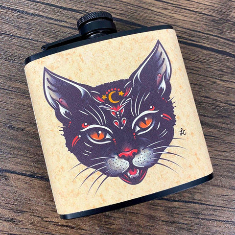 Black Cat Tattoo Flask 6 Oz, Black, Stainless Steel Flask with Funnel