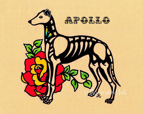 Day of the Dead GREYHOUND or WHIPPET Dog Dia de los Muertos Art Print - Customizable