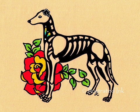 Day of the Dead GREYHOUND or WHIPPET Dog Dia de los Muertos Art Print - Customizable