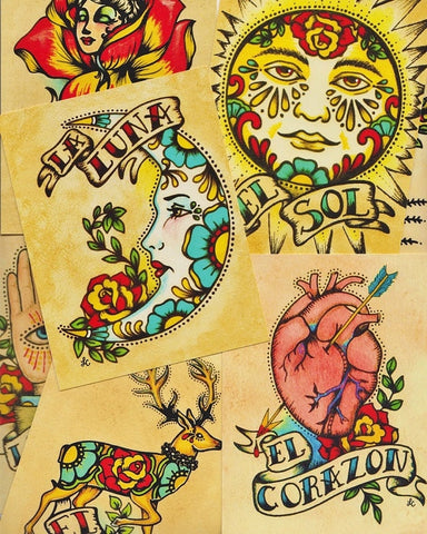 Folk Art Postcards Mexican Loteria Tattoo Art - Set of 8 Designs