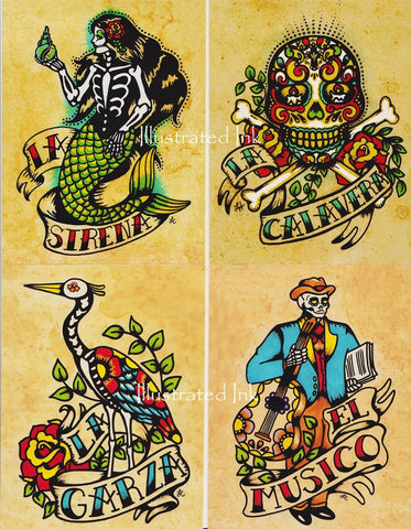 Day of the Dead Postcards Mexican Loteria Tattoo Art - Set of 8 Designs