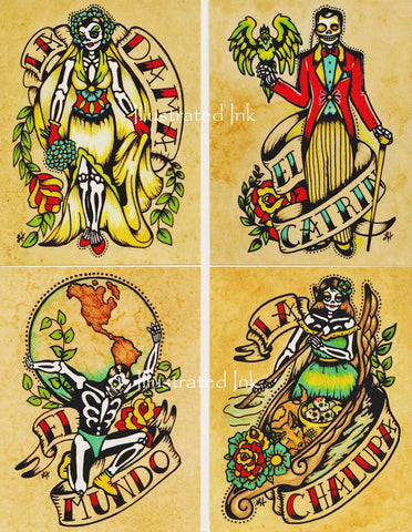Day of the Dead Postcards Mexican Loteria Tattoo Art - Set of 8 Designs