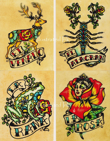 Folk Art Postcards Mexican Loteria Tattoo Art - Set of 8 Designs