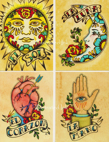 Folk Art Postcards Mexican Loteria Tattoo Art - Set of 8 Designs