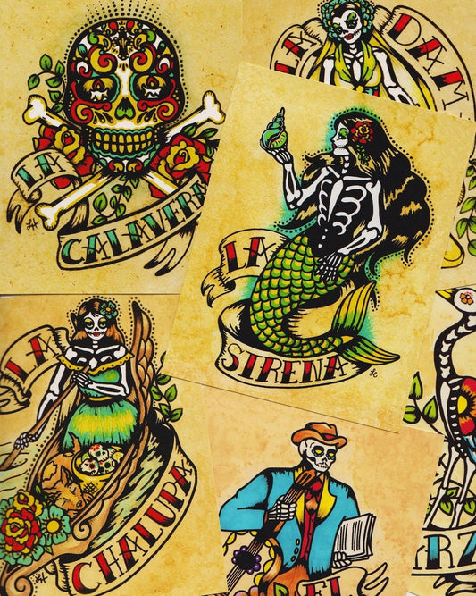 Day of the Dead Postcards Mexican Loteria Tattoo Art - Set of 8 Designs