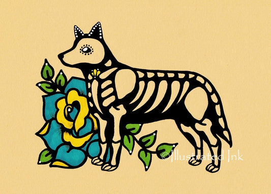 Day of the Dead BLUE HEELER Australian Cattle Dog Dia de los Muertos Art Print - Customizable