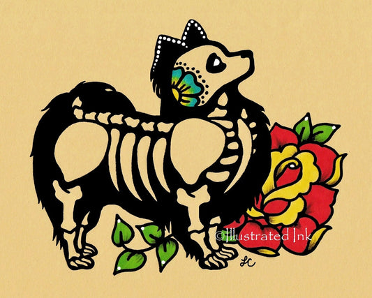 Day of the Dead Dog PAPILLON Dia de los Muertos Art Print - Customizable