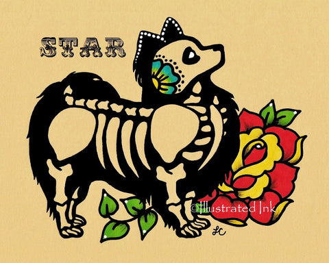 Day of the Dead Dog PAPILLON Dia de los Muertos Art Print - Customizable