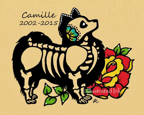 Day of the Dead Dog PAPILLON Dia de los Muertos Art Print - Customizable