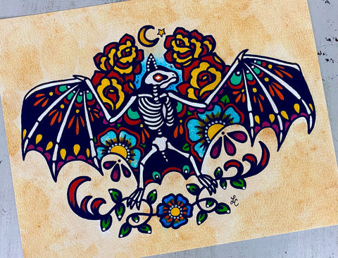 Traditional Tattoo Gothic Skeleton Bat Art Print