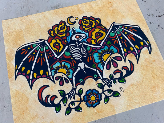 Traditional Tattoo Gothic Skeleton Bat Art Print