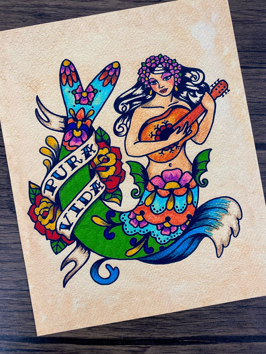 Folk Art Mermaid "Pura Vida" Traditional Tattoo Art Print