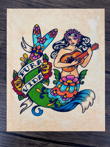 Folk Art Mermaid "Pura Vida" Traditional Tattoo Art Print