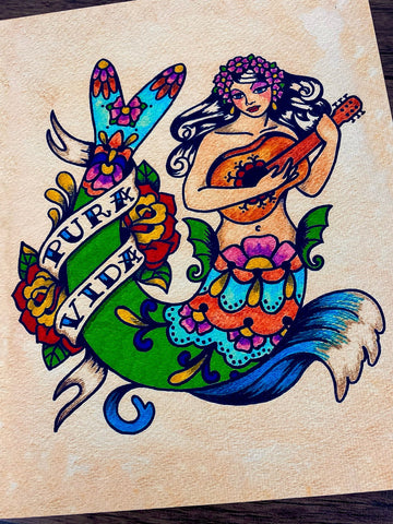 Folk Art Mermaid "Pura Vida" Traditional Tattoo Art Print