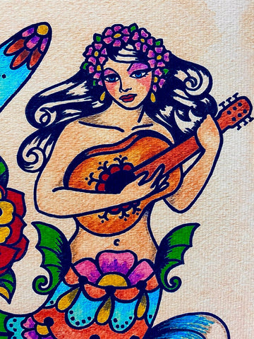 Folk Art Mermaid "Pura Vida" Traditional Tattoo Art Print
