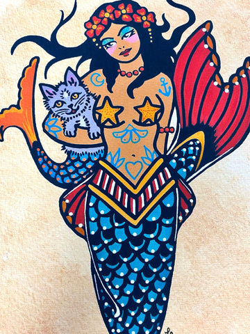 Traditional Tattoo Mermaid and Purrmaid Art Print