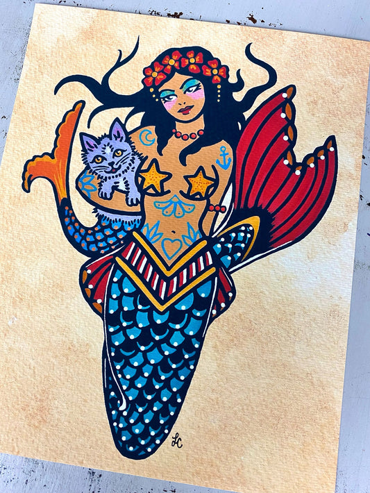 Traditional Tattoo Mermaid and Purrmaid Art Print