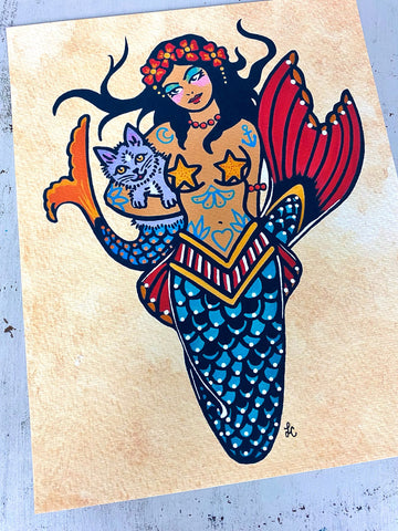 Traditional Tattoo Mermaid and Purrmaid Art Print